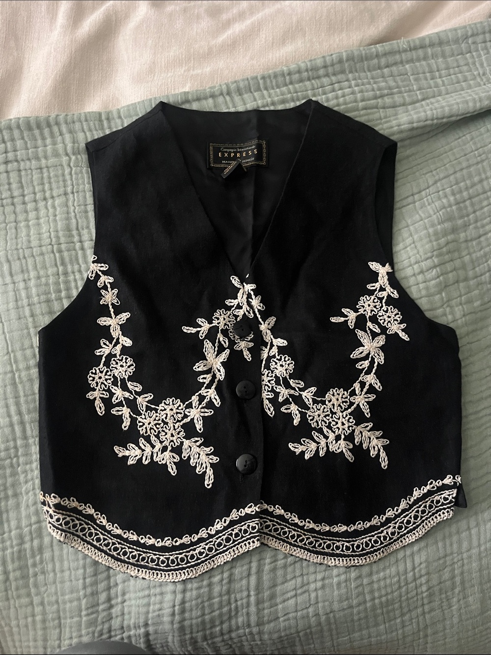 Express Black Vest with Cream Floral Embroidery